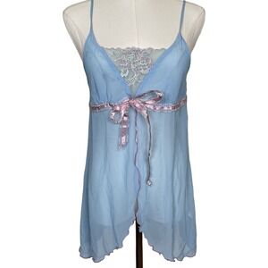 Intimo Lingerie Babydoll Chemise Blue Pink Ribbon Lace Floral M Y2K‎ Fairy Sheer